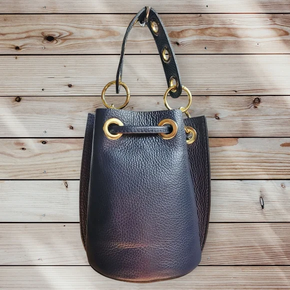 Elegant Dark Blue Italian Leather Mini Bucket Bag with Gold Hardware Women's Bag - Picture 3 of 6